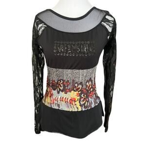 Save the Queen Mesh Lace Corset Style Top Y2K Gothic Sheer Long Sleeve